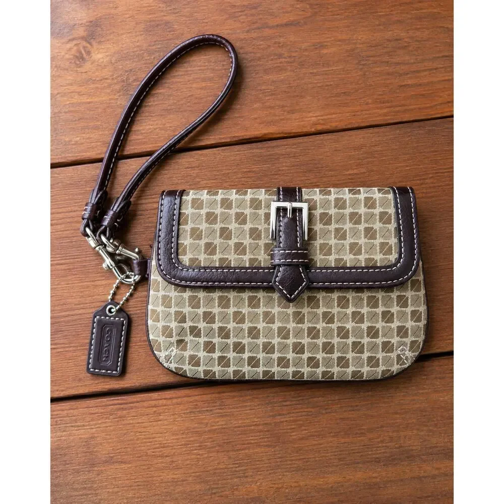 Coach Y2K Signature Jacquard Buckle Wristlet Brown Leather Mini Bag